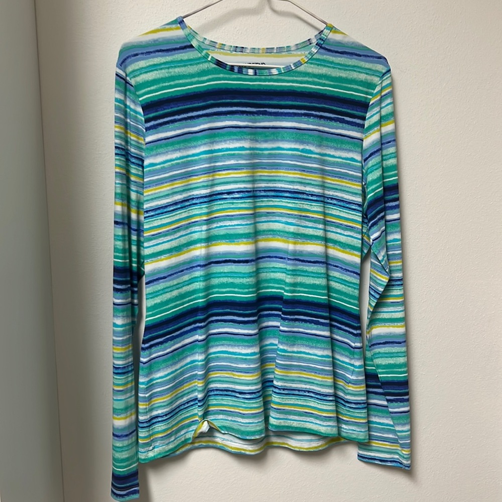 Blue/green striped Lands’ End swim shirt/rash guard. Size M.